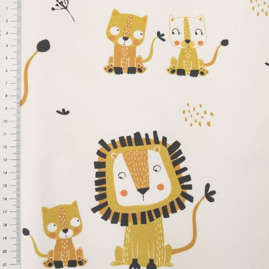 Weicher Baumwolljersey mit einer lustigen Löwenfamilie gemustert