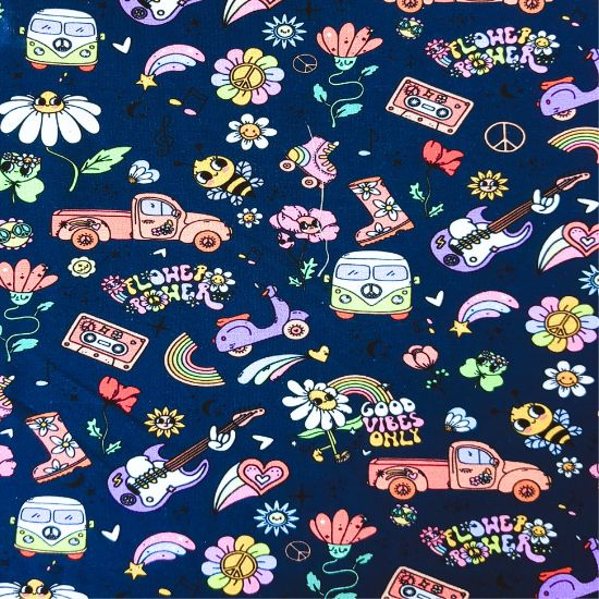 Jersey in marine mit Flower Power Motiven gemustertm altrosa mit Flower Power Motiven gemustert