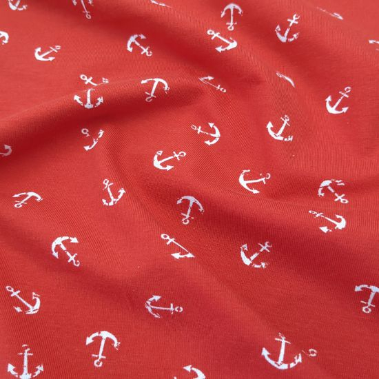 Weicher leichter jersey in Rot mit kleinen Ankern gemustert