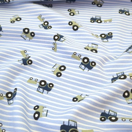 Kuschelweicher Jersey in Weiß und Hellblau gestreift mit Mini Treckern gemustert
