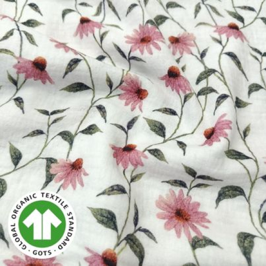 Weicher luftiger Bio Musselin in offwhite mit zarten Feldblümchen gemustert