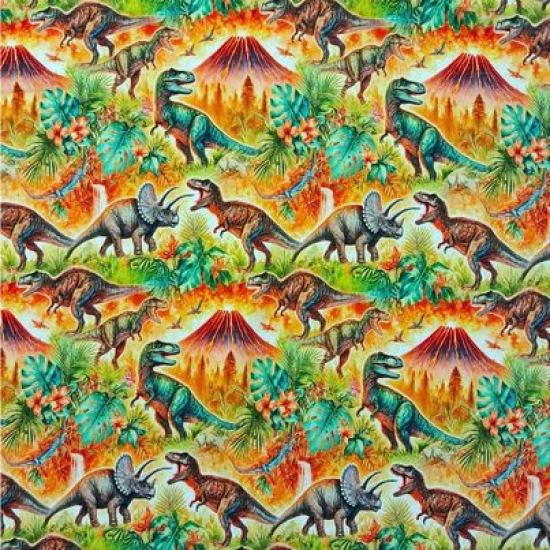 Kuschelweicher und warmer Sweatstoff in Grün-Orangetönen mit coolen Dinos gemustert