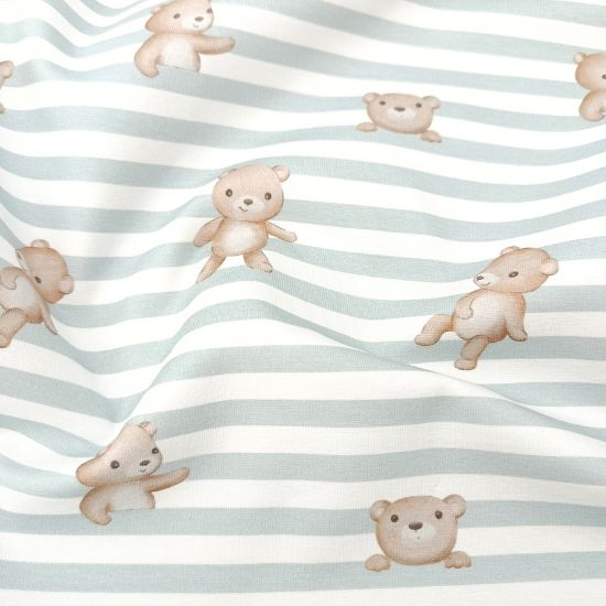 Weicher Baumwolljersey in Puderblau - offwhite gestreift mit niedlichen Bärchen gemustert