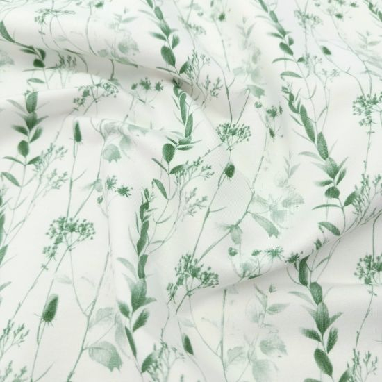 Weicher angenehmer French Terry in offwhite mit Eukalyptuszweigen gemustert