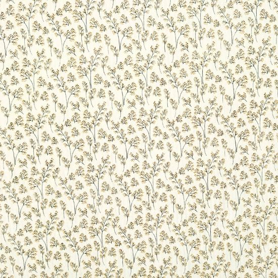 Leichter luftiger Baumwollstoff Seersucker in ecru mit kleinen senfgelben Miniblütenzweigen gemustert