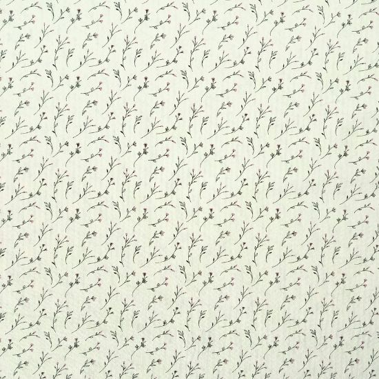 Leichter luftiger Baumwollstoff Seersucker in ecru mit kleinen rosa Zweigen gemustert