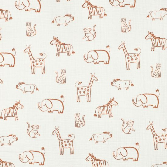 Weich fallender leichter Musselin in ecru mit Safaritieren in rostbraun gemustert