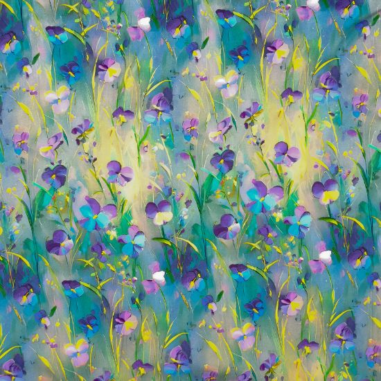 Weiche luftige Viskose in Petroltönen mit Veilchenblüten gemustert