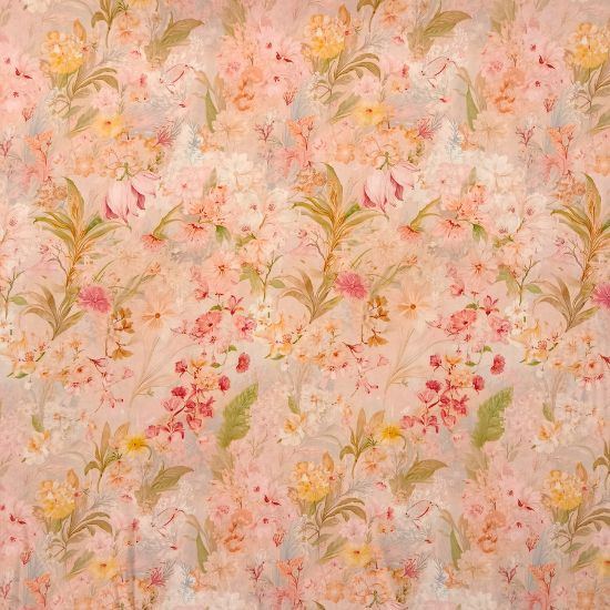 Weiche luftige Viskose in Peach-Farbtönen mit sommerlichen Blumen gemustert