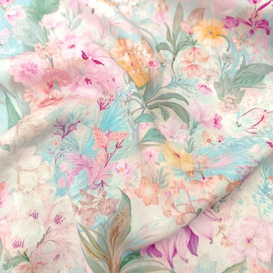 Weiche luftige Viskose in Aqua und Rosa-Farbtönen mit sommerlichen Blumen gemustert