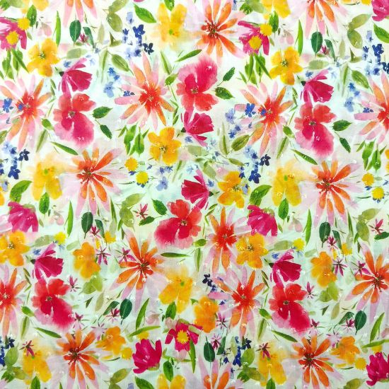 Luftig leichte Viskose in weiß mit bunten Sommer-Blüten gemustert