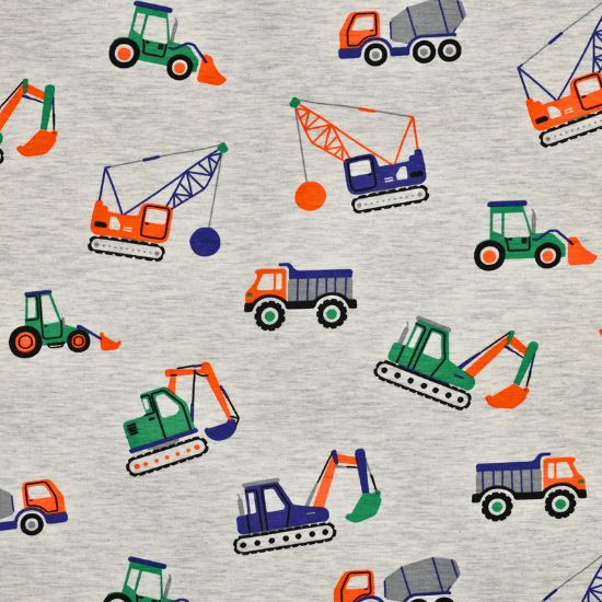 Kuschelweicher Jersey in ecru melange mit Baufahrzeugen gemustert