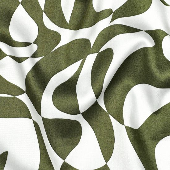 Glatt und leicht fallender Baumwoll Satin in Olive/Weiß mit abstraktem Muster