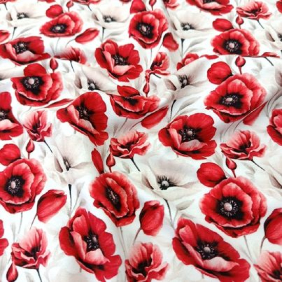 Kuschelweicher Jersey in weiss mit roten Mohnblüten gemustert