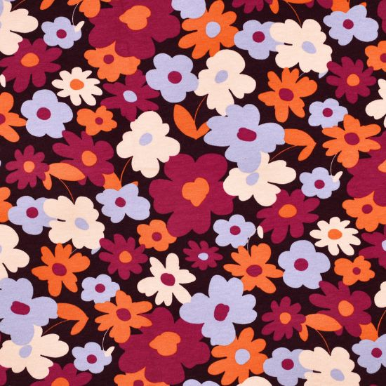 Softer, leichter Sweatstoff in dunkler Beere mit Retro Blumen gemustert