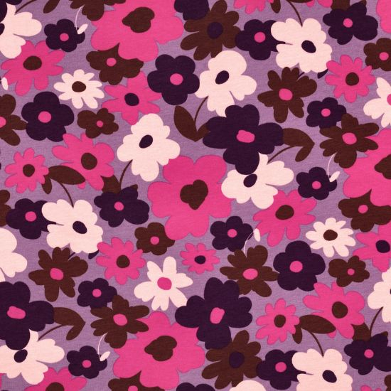 Softer, leichter Sweatstoff in Lavendel mit Retro Blumen gemustert