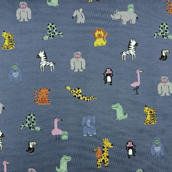 Kuschelweicher Jersey in jeansblau mit lustigen Safari Tieren gemustert