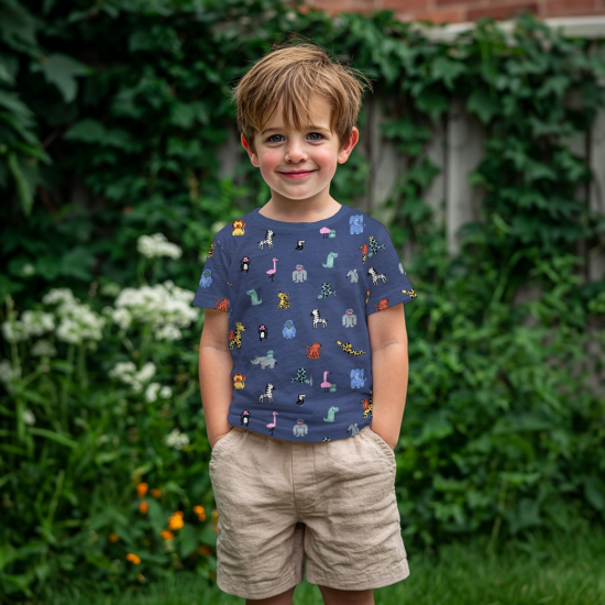 Kuschelweicher Jersey in jeansblau mit lustigen Safari Tieren gemustert