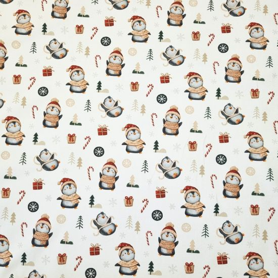 Weicher Baumwolljersey mit niedlichen Winterpinguinen und Weihnachtsmotiven gemustert