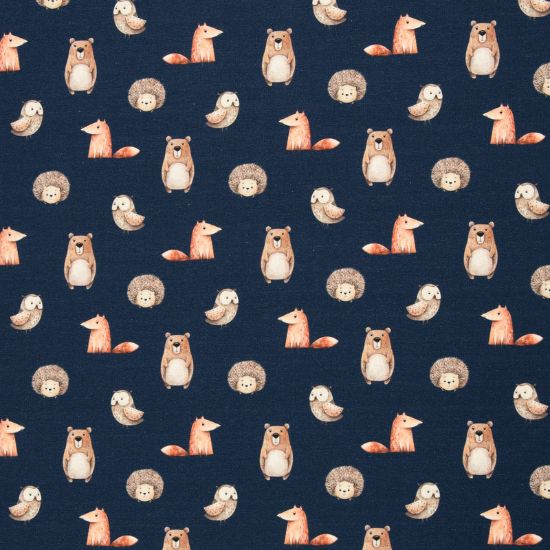 Weicher French Terry in marine mit Herbsttieren gemustert