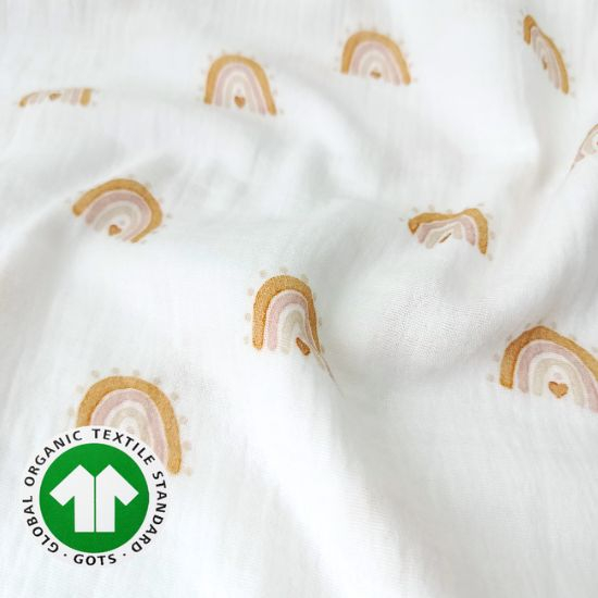 Luftig leichter Musselin in Bio Qualität in offwhite mit Regenbögen gemustert