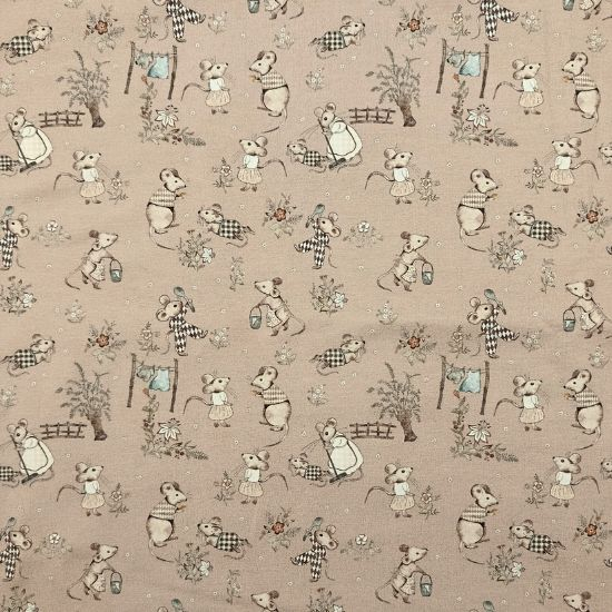 Weich fallender Jersey in nougat mit kleinen Mäusen im Alltag gemustert
