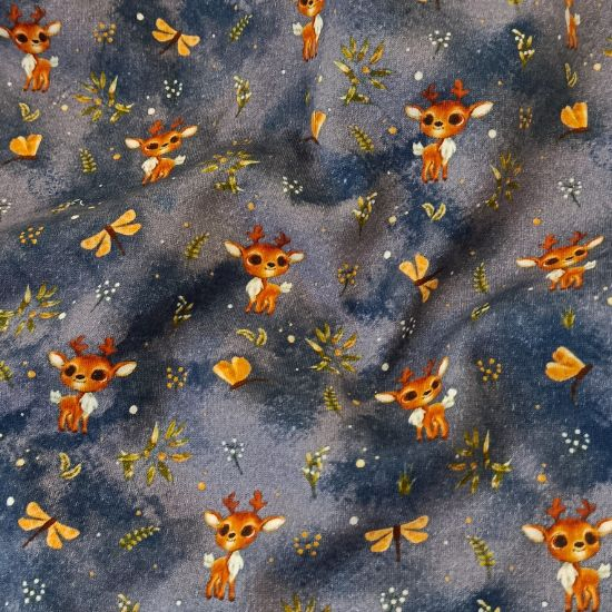 Superkuscheliger warmer Alpenfleece in jeansblau mit süßen Rentierbabys gemustert