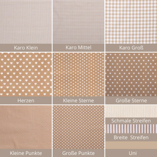 Baumwollstoff in beige mit verschiedenen Mustern.