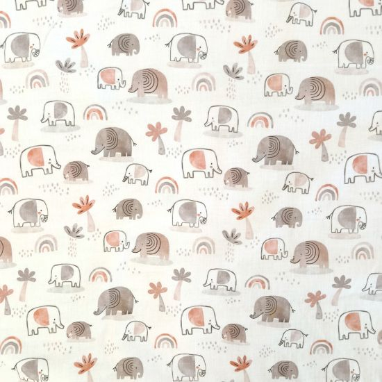 Weicher luftiger Musselin in offwhite mit süßes Baby Elefanten gemustert