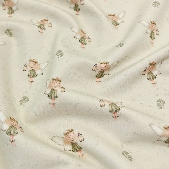 Kuschelweicher French Terry in eispistazie mit kleinen Waldfeen gemustert