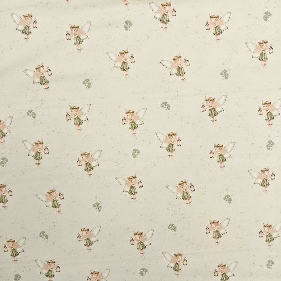 Kuschelweicher French Terry in eispistazie mit kleinen Waldfeen gemustert