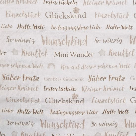 Weicher Mussellin ecru mit Herzensworten für Babys gemustert