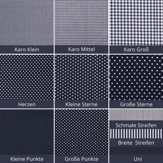 Baumwollstoff in marine mit verschiedenen Mustern.