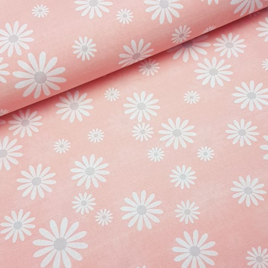 Baumwoll-Popeline in rosa gemustert mit Kamillenblüten