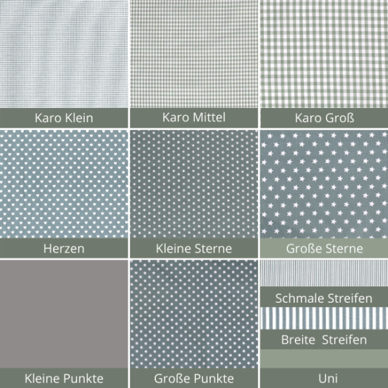 Baumwollstoff in Jade mit verschiedenen Mustern.