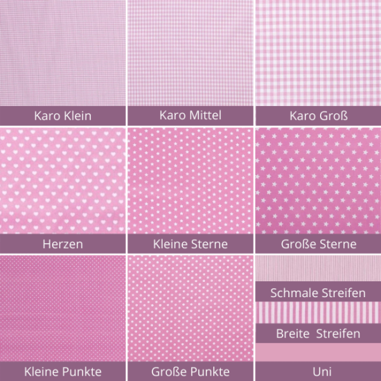 Baumwollstoff in rosa mit verschiedenen Mustern.