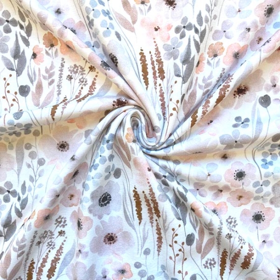 Baumwolljersey mit Aquarellblumen gemustert in ecru