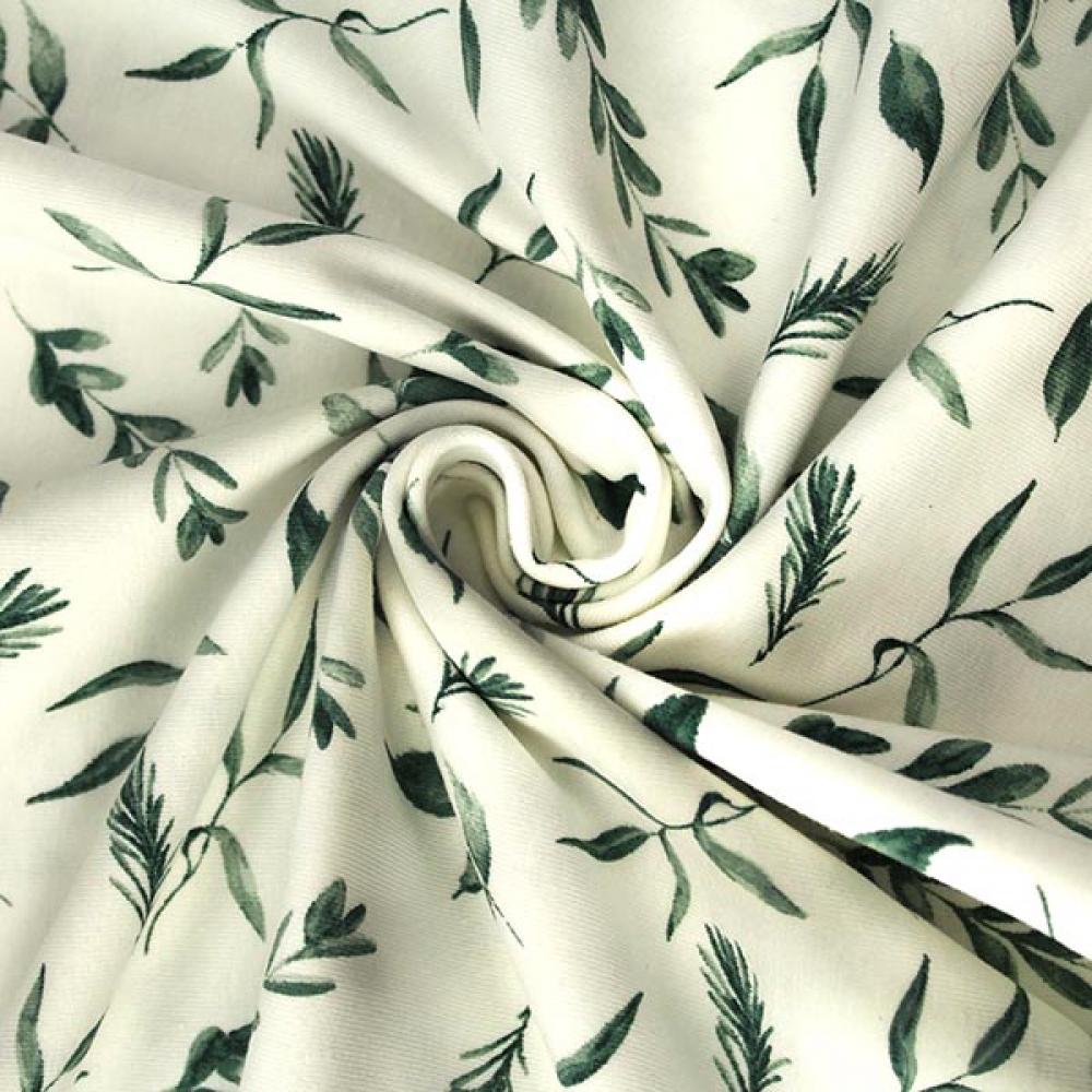 Baumwolljersey in grün gemustert mit Blättern im Digitaldruck