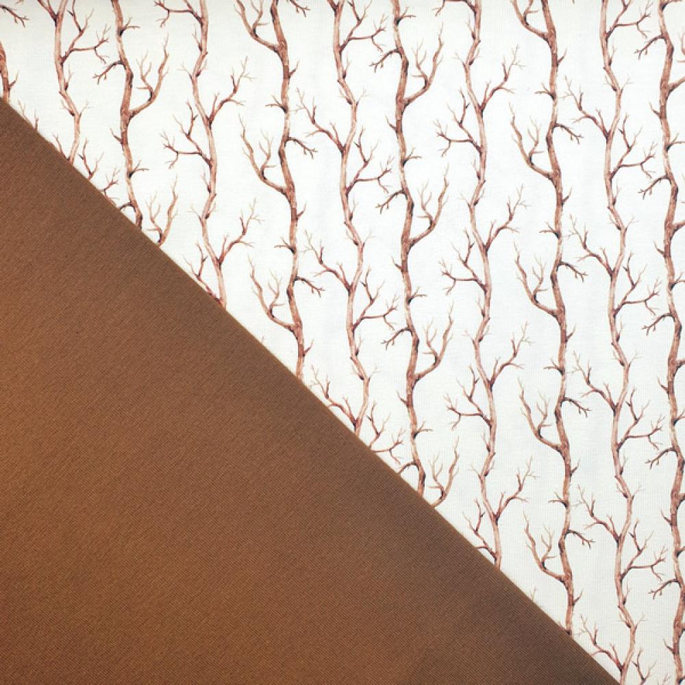 Baumwolljersey in ecrufarben gemustert mit edlen Zweigen im Digitaldruck mit unifarbenen jersey