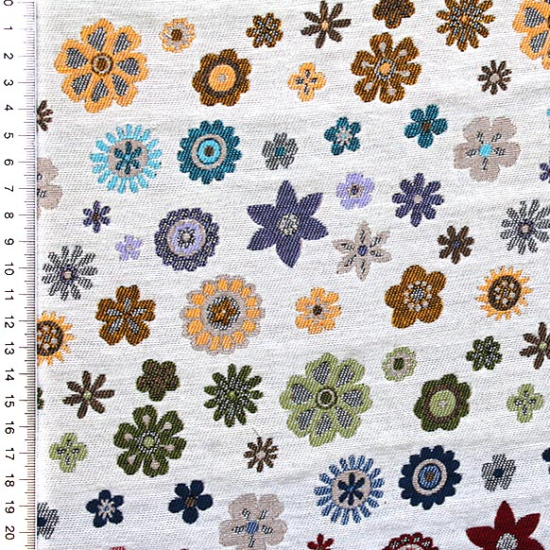 Dekostoff aus Baumwollgemisch in Altweiß mit bunten Blümchen.