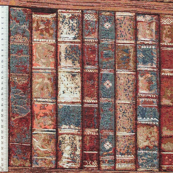 Dekostoff aus Baumwollgemisch in Braun mit Büchern im Bücherregal im Vintagelook