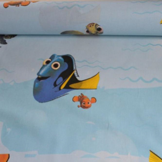 dekostoff in hellblau mit motiven aus dem film findet dori und findet nemo
