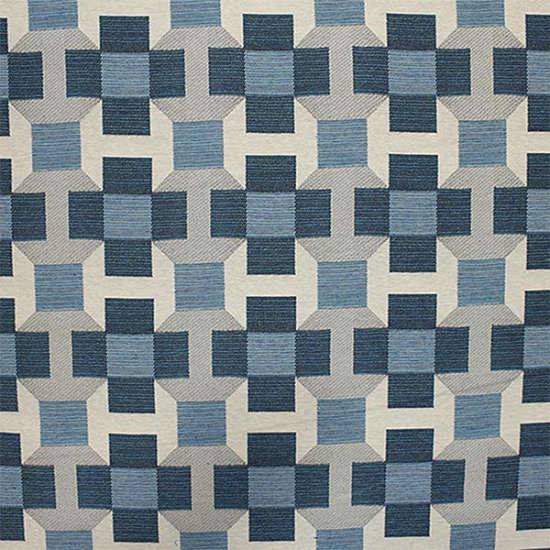 Dekostoff aus Baumwollgemisch mit blauen geometrischen Formen.