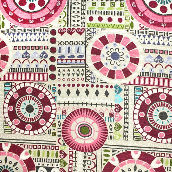 Dekostoff aus Baumwollgemisch in Natur  mit pinken Kreisen.