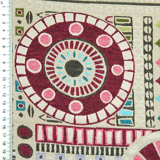 Dekostoff aus Baumwollgemisch in Natur  mit pinken Kreisen.
