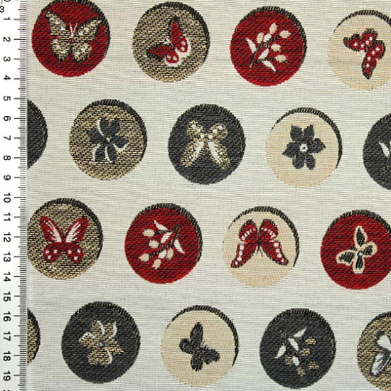 Dekostoff aus Baumwollgemisch in weiß gemustert mit bunten Punkten mit Schmetterlingen und Blumen.
