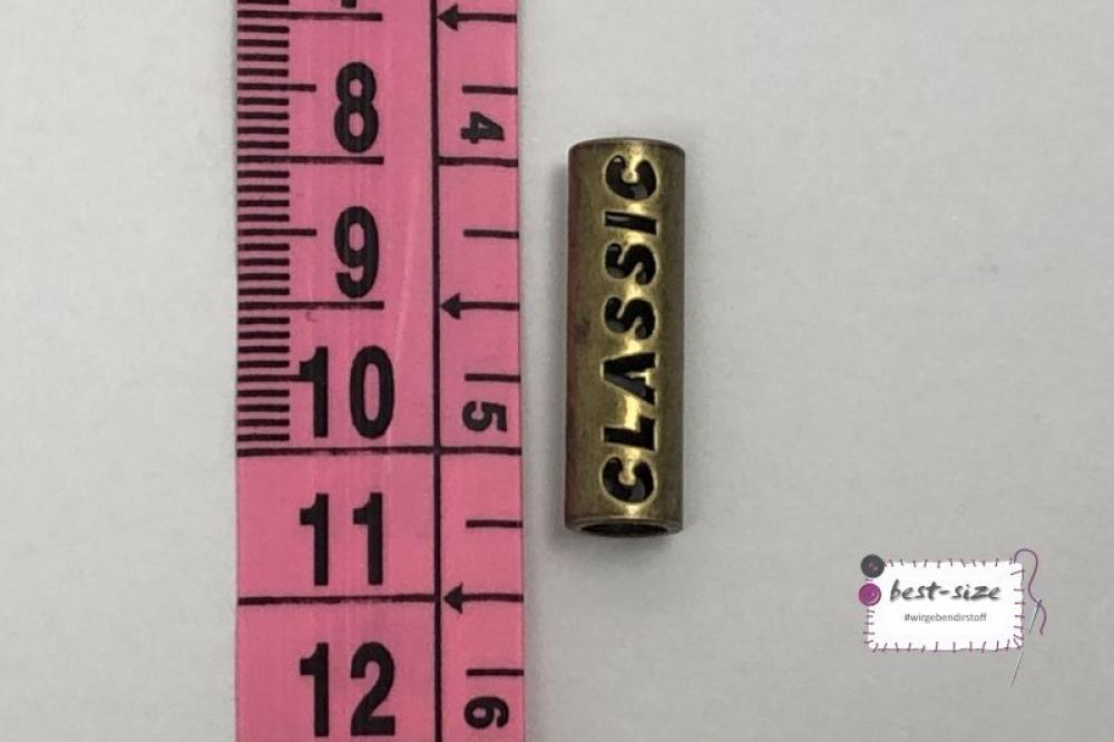 Metallkordelende in altmessing mit 5mm durchmesser mit Maßband links zur Größeneinordnung