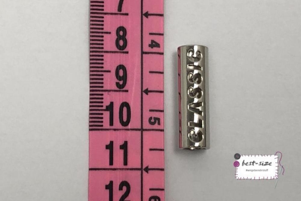 Metallkordelende in silber mit 5mm durchmesser mit Maßband links zur Größeneinordnung