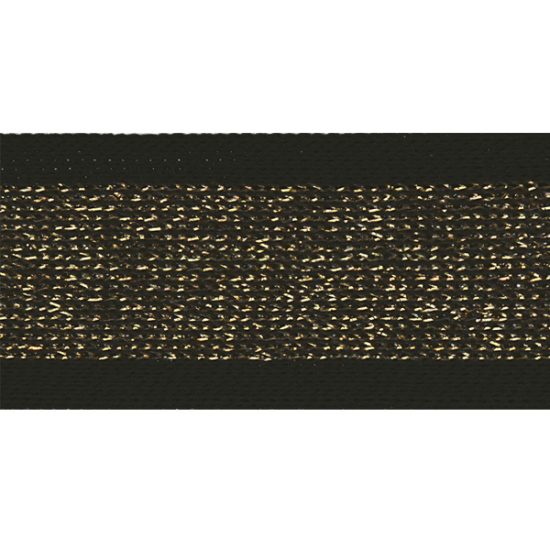 Galonband schwarz mit einer Breite von 30mm mit einem goldenen Mittelstreifen und glitzernden Lurexeffekt