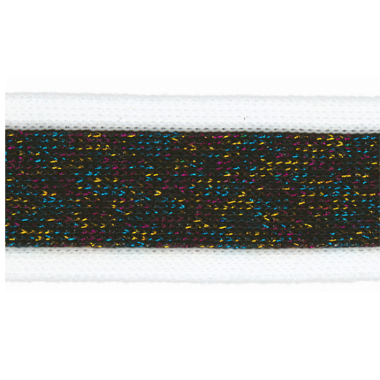 Galonband weiss mit einer Breite von 30mm mit einem schwarzen Mittelstreifen und bunten glitzernden Lurexeffekt